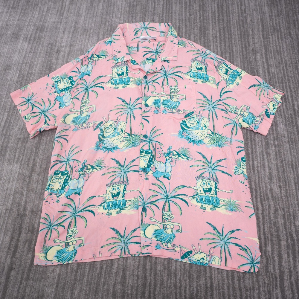 SpongeBob SquarePants Button Up Shirt Mens XL Pink Excellent‎ Hula Rayon